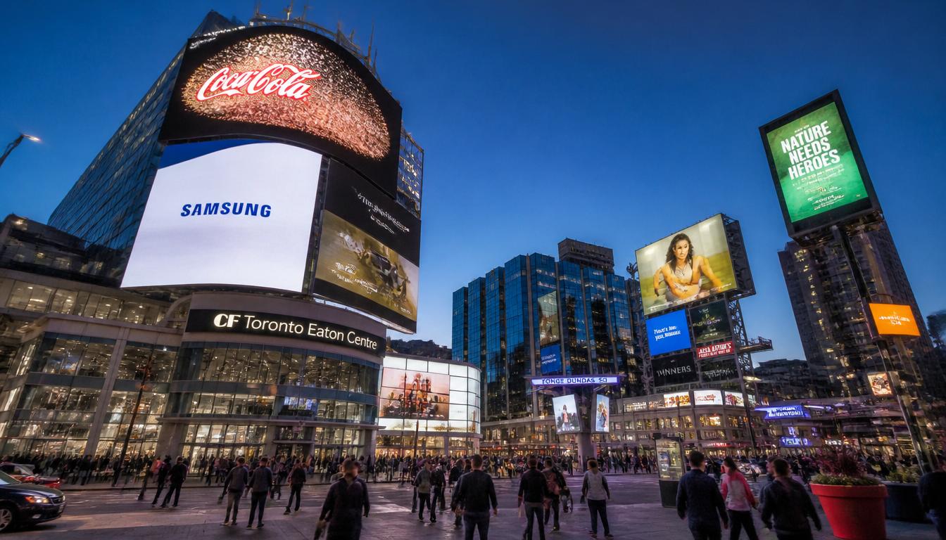 Yonge-Dundas Square in Toronto with illuminated digital billboards