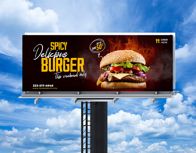 Burger restaurant billboard creative against a bright blue sky