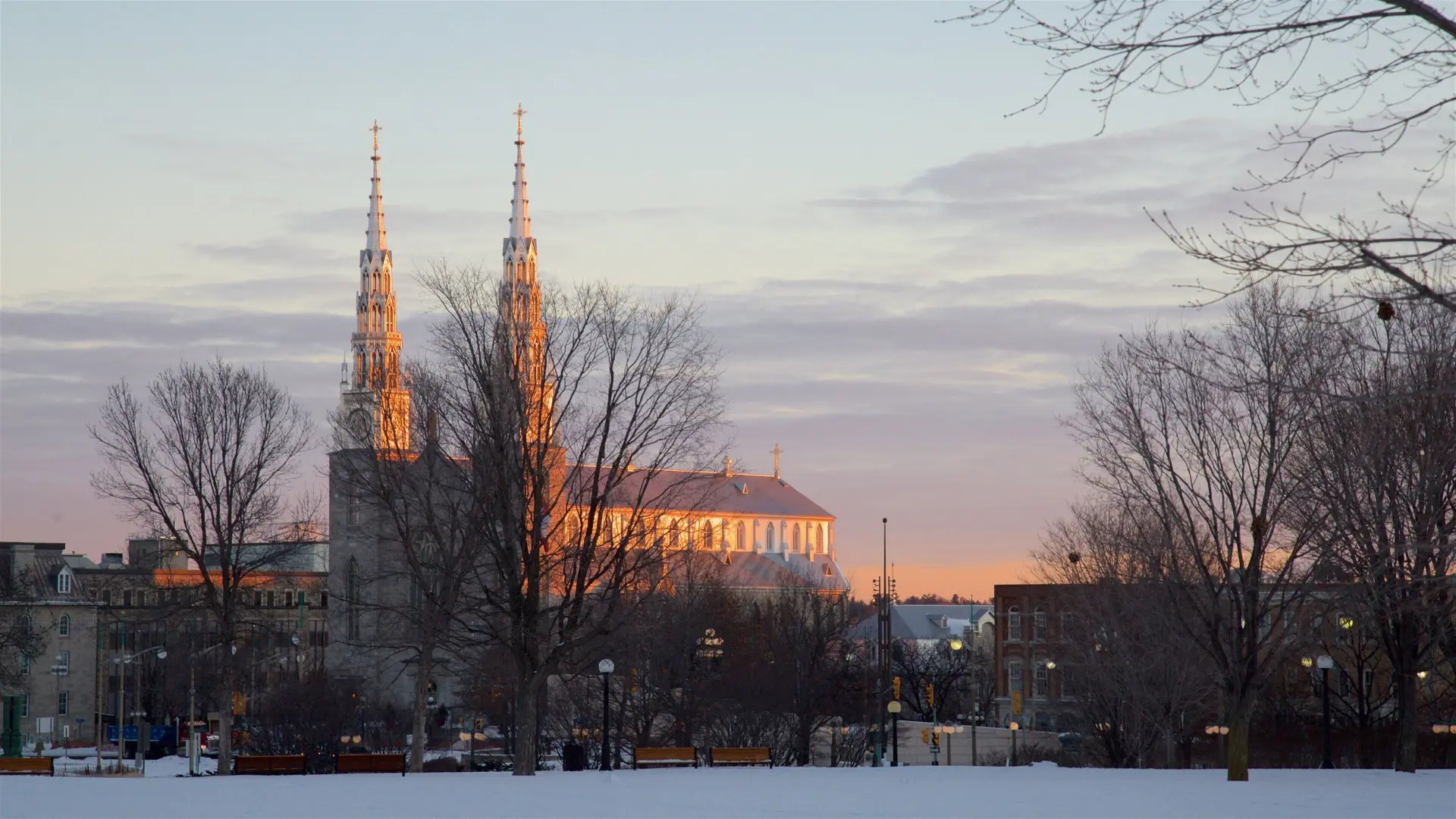 Ottawa's Notre-Dame Cathedral Basilica glowing at dusk above a winter skyline
